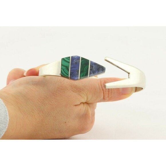 Sterling Silver Malachite and Sodalite Cuff Bracelet 7 inch Opens and Closes - Picture 3 of 8
